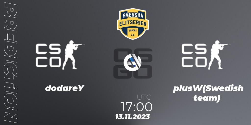 Pronósticos dodareY - plusW(Swedish team). 13.11.2023 at 17:00. Svenska Elitserien Fall 2023: Online Stage - Counter-Strike (CS2)