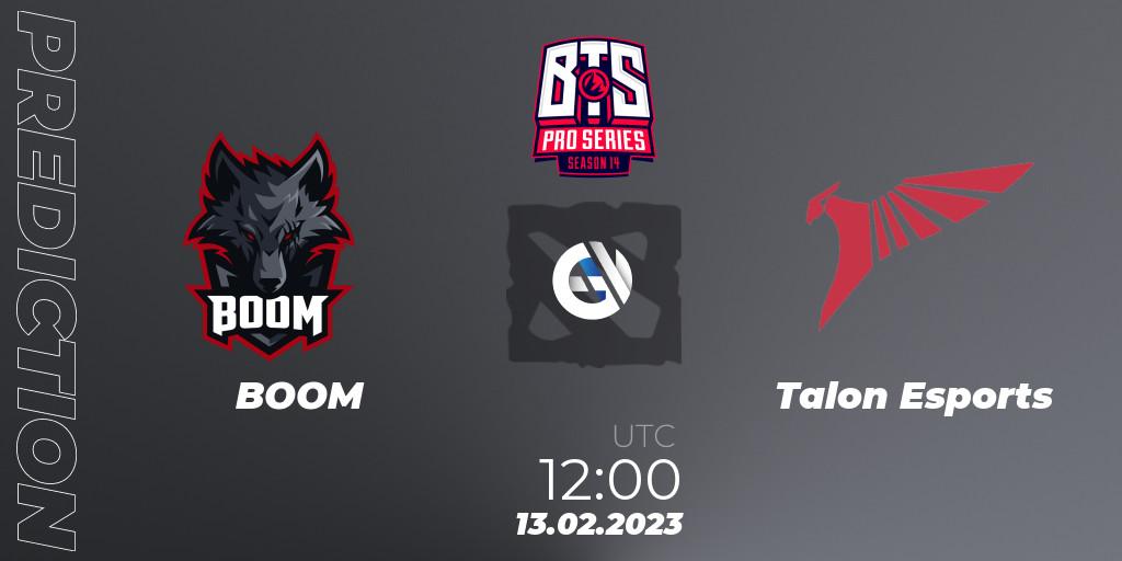 Pronósticos BOOM - Talon Esports. 12.02.2023 at 09:00. BTS Pro Series Season 14: Southeast Asia - Dota 2
