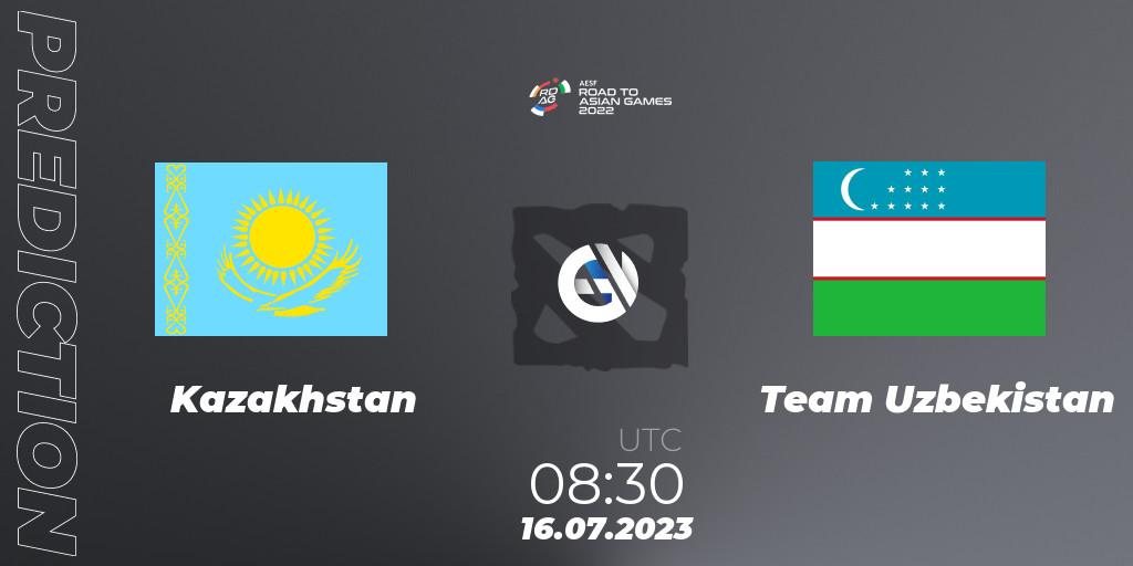 Pronósticos Kazakhstan - Team Uzbekistan. 16.07.2023 at 08:30. 2022 AESF Road to Asian Games - Central Asia - Dota 2