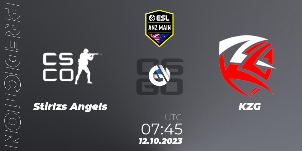 Pronósticos Stirlzs Angels - KZG. 12.10.2023 at 07:45. ESL ANZ Main Season 17 - Counter-Strike (CS2)