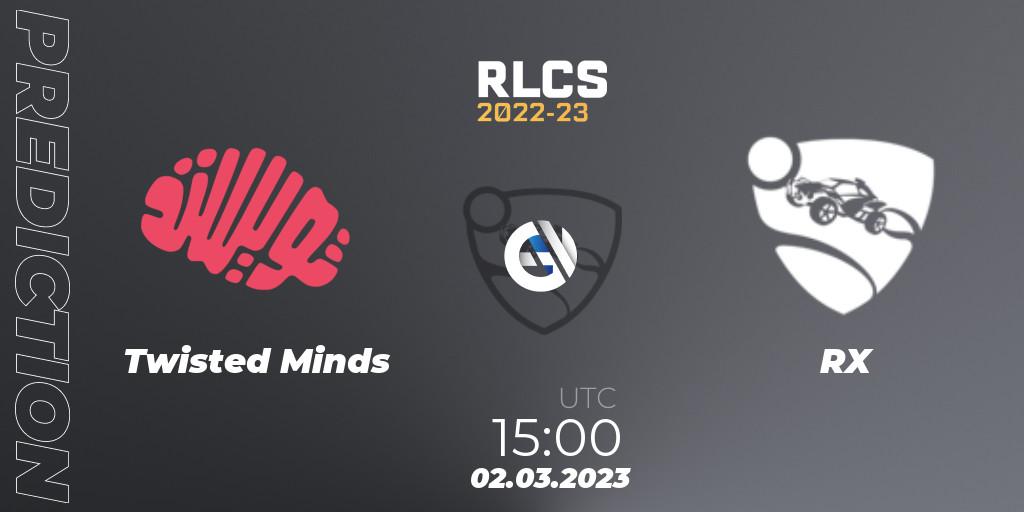 Pronósticos Twisted Minds - RX. 02.03.2023 at 15:00. RLCS 2022-23 - Winter: Middle East and North Africa Regional 3 - Winter Invitational - Rocket League
