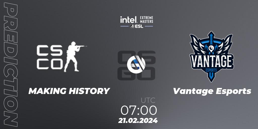 Pronósticos MAKING HISTORY - Vantage Esports. 21.02.2024 at 07:00. Intel Extreme Masters Dallas 2024: Oceanic Open Qualifier #2 - Counter-Strike (CS2)