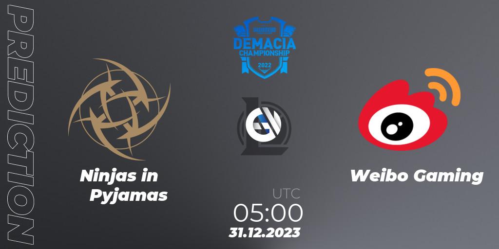 Pronósticos Ninjas in Pyjamas - Weibo Gaming. 31.12.23. Demacia Cup 2023 Playoffs - LoL