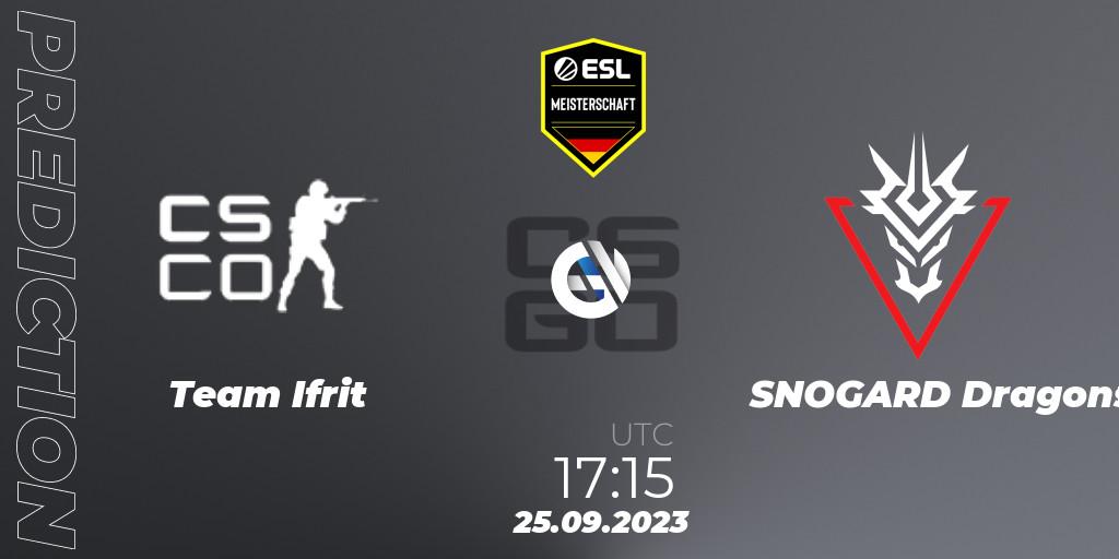 Pronósticos Team Ifrit - SNOGARD Dragons. 25.09.2023 at 17:15. ESL Meisterschaft: Autumn 2023 - Counter-Strike (CS2)