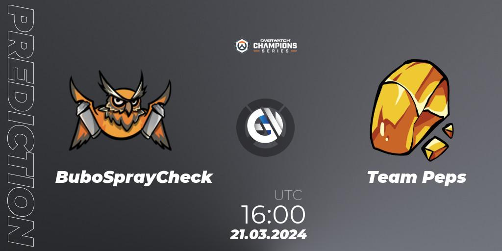 Pronósticos BuboSprayCheck - Team Peps. 21.03.2024 at 16:00. Overwatch Champions Series 2024 - EMEA Stage 1 Main Event - Overwatch