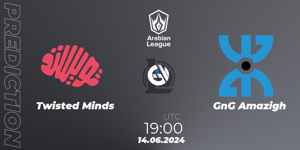 Pronósticos Twisted Minds - GnG Amazigh. 14.06.2024 at 19:00. Arabian League Summer 2024 - LoL