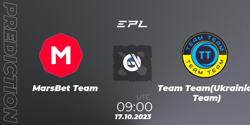 Pronósticos MarsBet Team - Team Team(Ukrainian Team). 17.10.2023 at 09:00. European Pro League Season 13 - Dota 2
