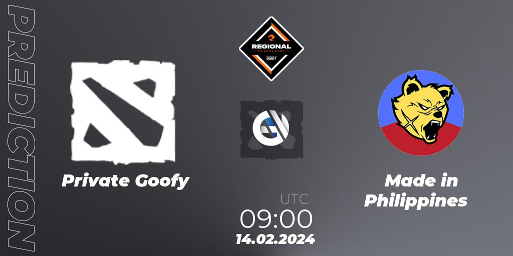 Pronósticos Private Goofy - Made in Philippines. 14.02.2024 at 10:00. RES Regional Series: SEA #1 - Dota 2