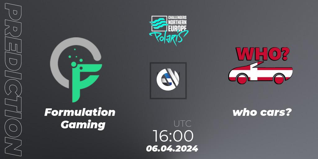 Pronósticos Formulation Gaming - who cars?. 07.04.2024 at 16:00. VALORANT Challengers 2024 Northern Europe: Polaris Split 1 - VALORANT