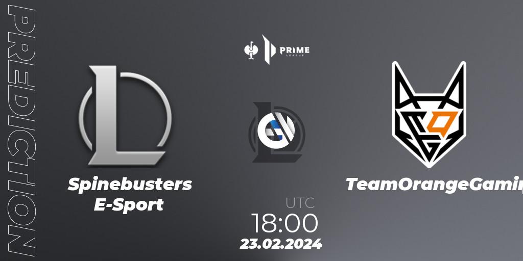 Pronósticos Spinebusters E-Sport - TeamOrangeGaming. 23.02.24. Prime League 2nd Division - LoL