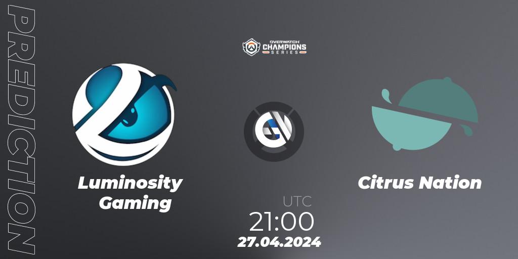 Pronósticos Luminosity Gaming - Citrus Nation. 27.04.2024 at 21:00. Overwatch Champions Series 2024 - North America Stage 2 Main Event - Overwatch