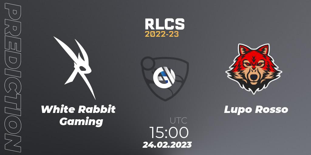 Pronósticos White Rabbit Gaming - Lupo Rosso. 24.02.2023 at 15:00. RLCS 2022-23 - Winter: Sub-Saharan Africa Regional 3 - Winter Invitational - Rocket League
