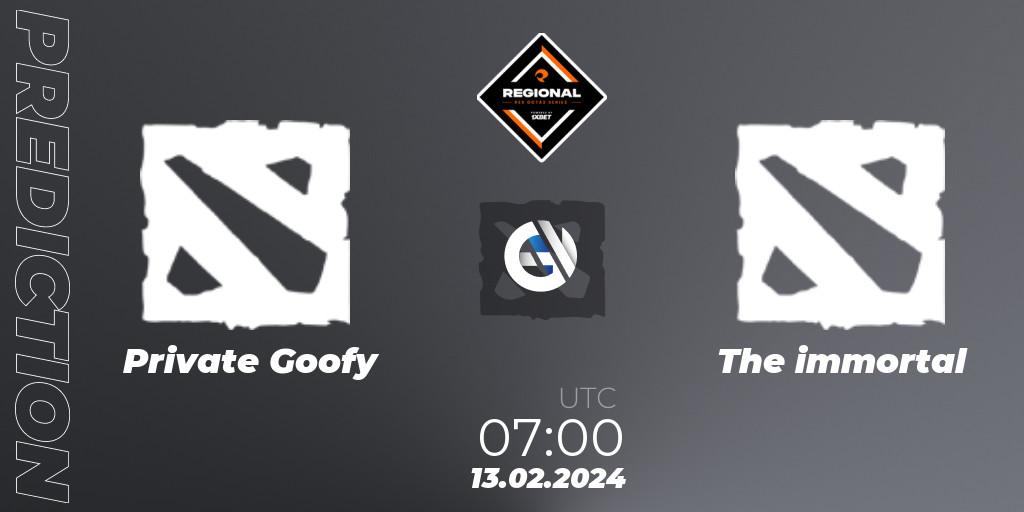 Pronósticos Private Goofy - The immortal. 13.02.2024 at 08:00. RES Regional Series: SEA #1 - Dota 2