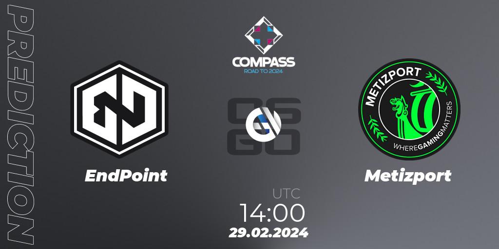 Pronósticos EndPoint - Metizport. 29.02.2024 at 14:00. YaLLa Compass Spring 2024 Contenders - Counter-Strike (CS2)