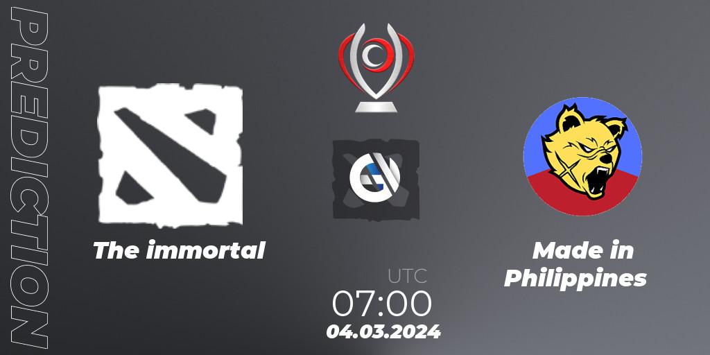 Pronósticos The immortal - Made in Philippines. 04.03.2024 at 07:00. Opus League - Dota 2