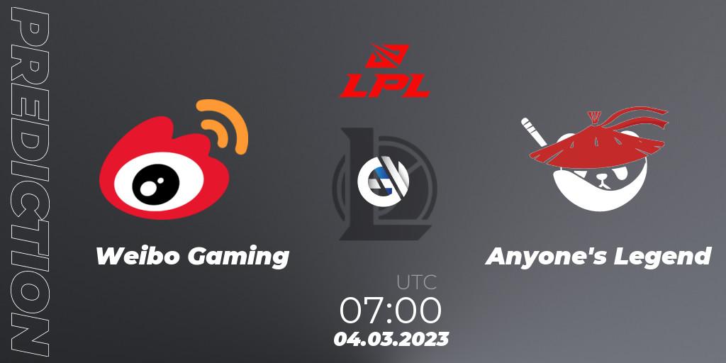 Pronósticos Weibo Gaming - Anyone's Legend. 04.03.23. LPL Spring 2023 - Group Stage - LoL