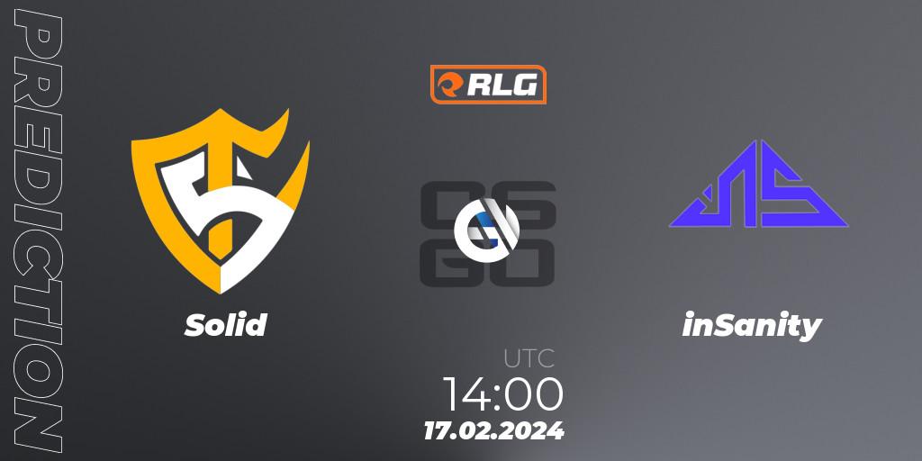 Pronósticos Solid - inSanity. 17.02.2024 at 14:00. RES Latin American Series #1 - Counter-Strike (CS2)