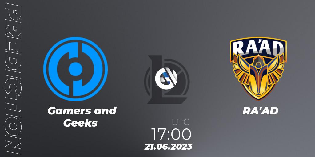 Pronósticos Gamers and Geeks - RA'AD. 21.06.2023 at 17:00. Arabian League Summer 2023 - Group Stage - LoL
