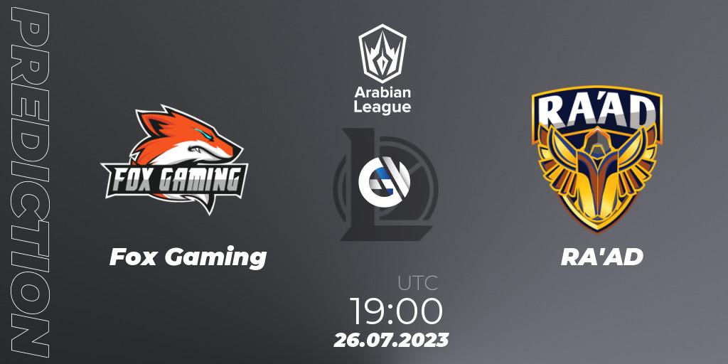 Pronósticos Fox Gaming - RA'AD. 26.07.2023 at 19:30. Arabian League Summer 2023 - Group Stage - LoL