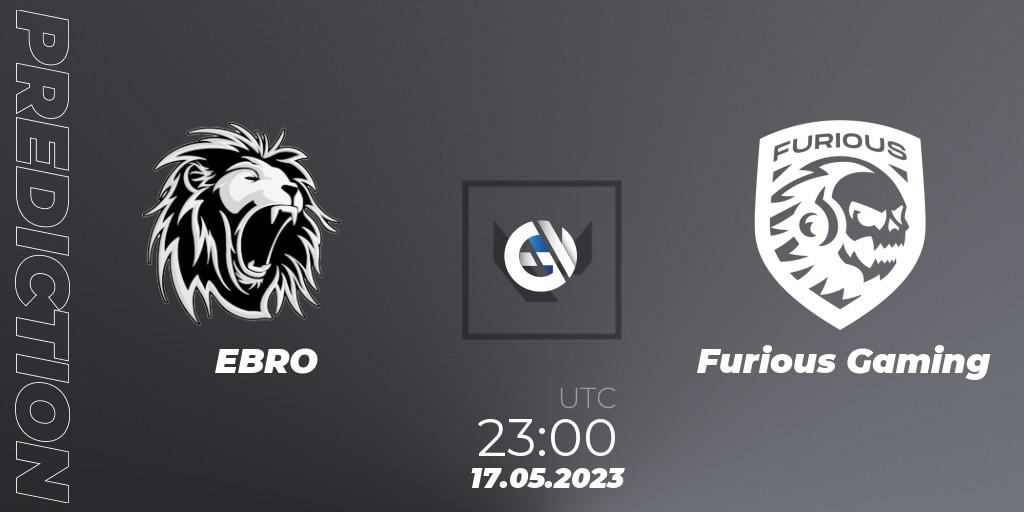 Pronósticos EBRO - Furious Gaming. 17.05.2023 at 23:00. VALORANT Challengers 2023: LAS Split 2 - Regular Season - VALORANT