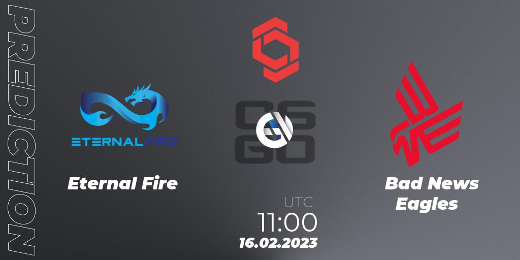 Pronósticos Eternal Fire - Bad News Eagles. 16.02.2023 at 11:50. CCT Central Europe Series Finals #1 - Counter-Strike (CS2)
