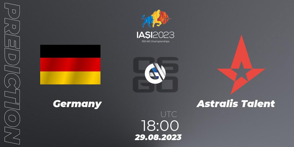 Pronósticos Germany - Astralis Talent. 30.08.2023 at 17:30. IESF World Esports Championship 2023 - Counter-Strike (CS2)