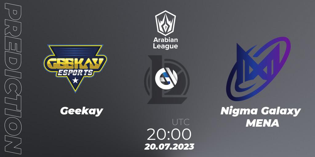 Pronósticos Geekay - Nigma Galaxy MENA. 20.07.2023 at 20:45. Arabian League Summer 2023 - Group Stage - LoL