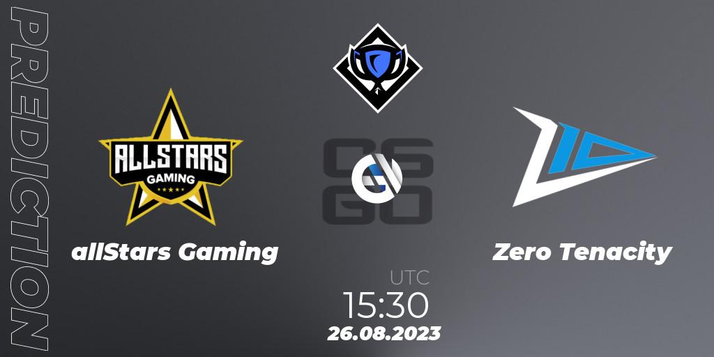 Pronósticos allStars Gaming - Zero Tenacity. 26.08.2023 at 14:00. RES Season 5 - Counter-Strike (CS2)