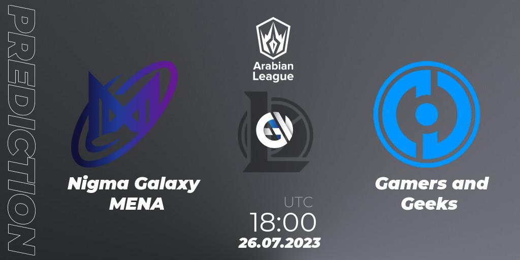 Pronósticos Nigma Galaxy MENA - Gamers and Geeks. 26.07.2023 at 18:00. Arabian League Summer 2023 - Group Stage - LoL