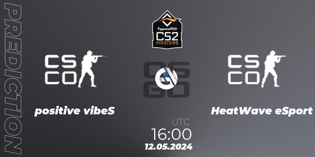 Pronósticos positive vibeS - HeatWave eSport. 12.05.2024 at 16:00. TippmixPro Masters Spring 2024: Online Stage - Counter-Strike (CS2)