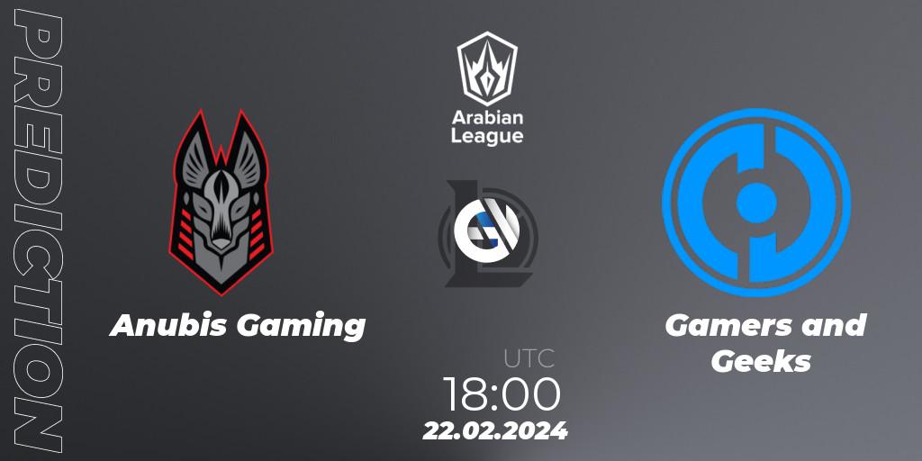 Pronósticos Anubis Gaming - Gamers and Geeks. 22.02.2024 at 18:00. Arabian League Spring 2024 - LoL