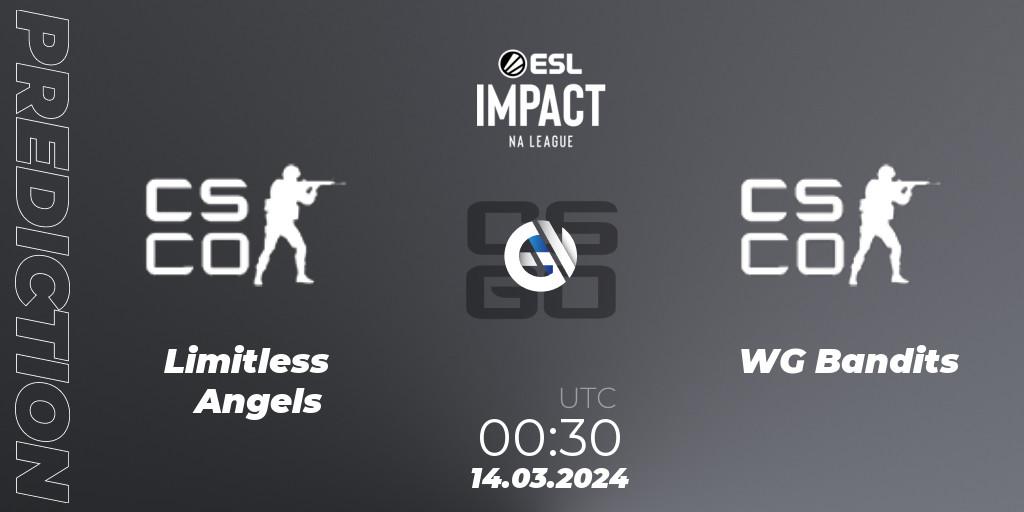 Pronósticos Limitless Angels - WG Bandits. 14.03.2024 at 00:30. ESL Impact League Season 5: North America - Counter-Strike (CS2)