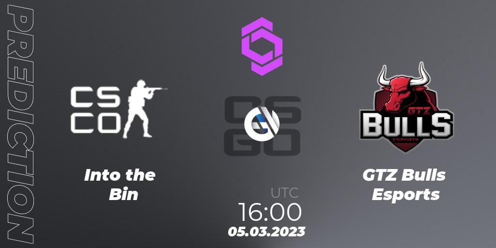 Pronósticos Into the Bin - GTZ Bulls Esports. 05.03.2023 at 16:00. CCT West Europe Series 2 Closed Qualifier - Counter-Strike (CS2)