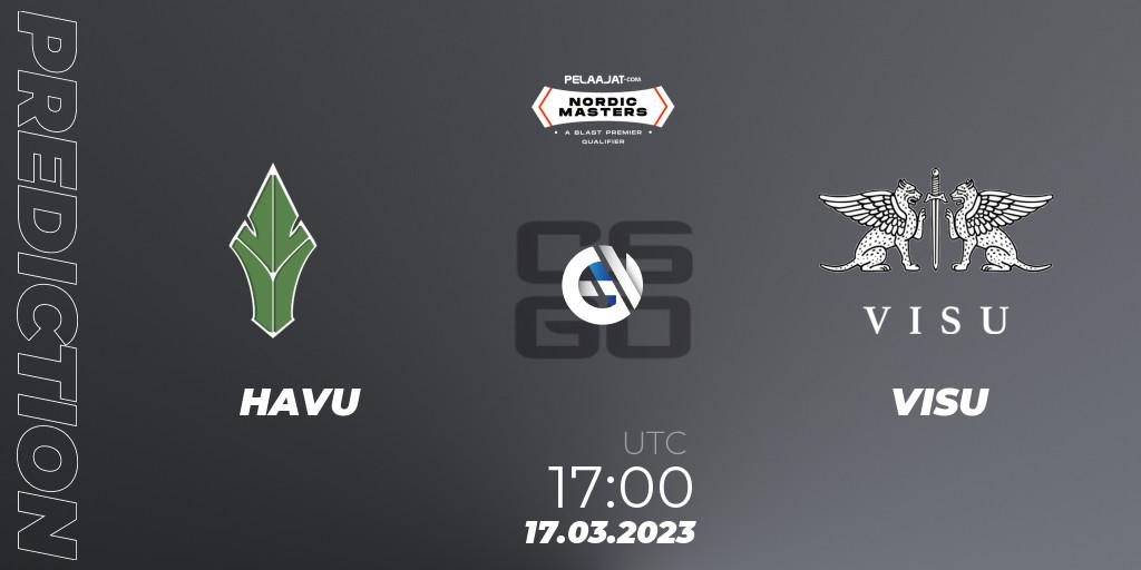 Pronósticos HAVU - VISU. 17.03.2023 at 17:00. Pelaajat Nordic Masters Spring 2023 - BLAST Premier Qualifier - Counter-Strike (CS2)