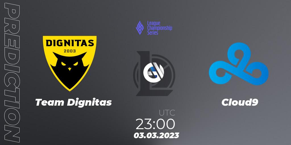 Pronósticos Team Dignitas - Cloud9. 16.02.23. LCS Spring 2023 - Group Stage - LoL