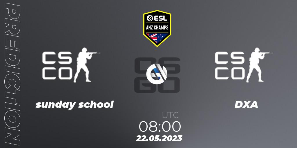 Pronósticos sunday school - DXA Esports. 22.05.2023 at 08:00. ESL ANZ Champs Season 16 - Counter-Strike (CS2)