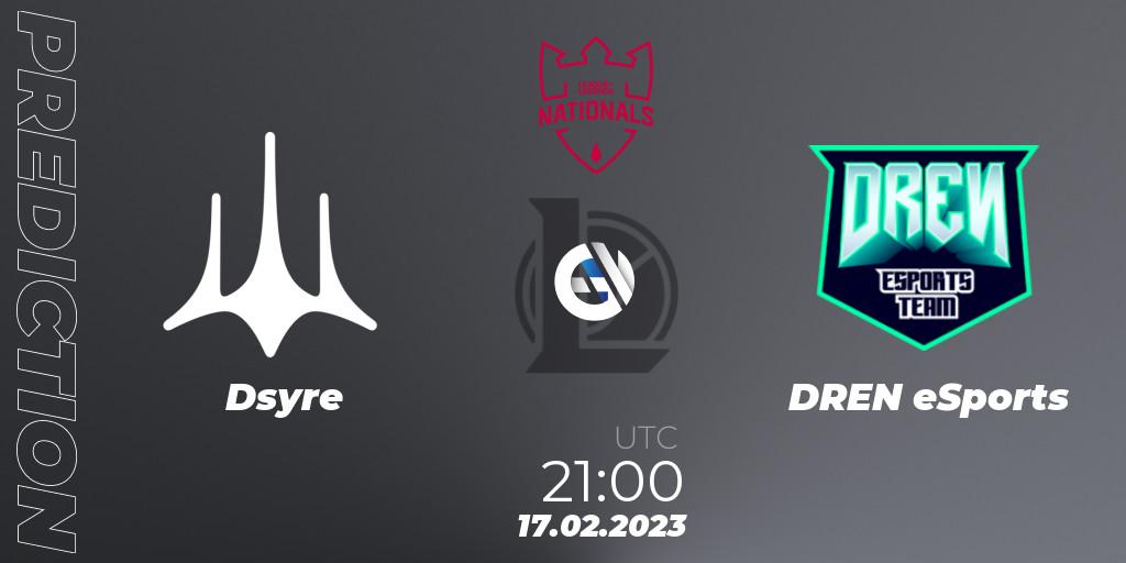 Pronósticos Dsyre - DREN eSports. 17.02.2023 at 21:00. PG Nationals Spring 2023 - Group Stage - LoL