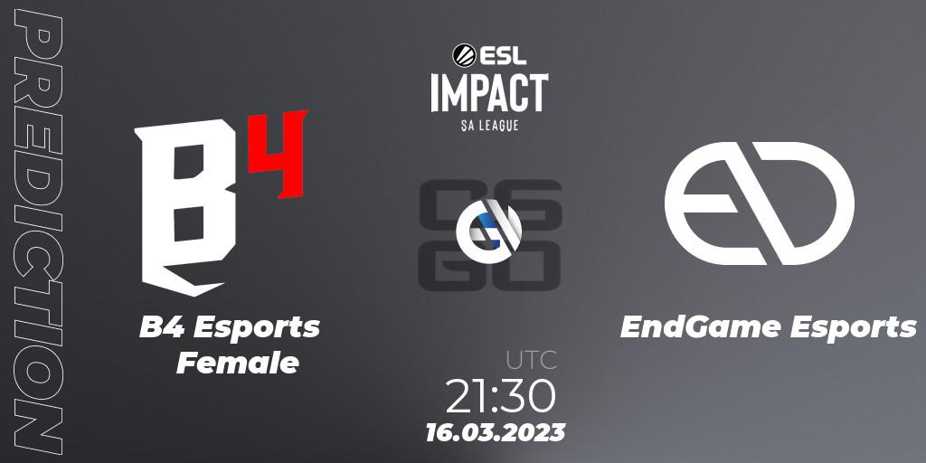 Pronósticos B4 Esports Female - EndGame Esports. 16.03.23. ESL Impact League Season 3: South American Division - CS2 (CS:GO)