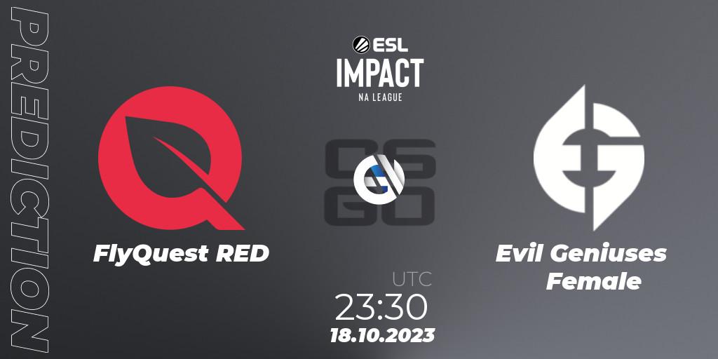 Pronósticos FlyQuest RED - Evil Geniuses Female. 18.10.2023 at 23:45. ESL Impact League Season 4: North American Division - Counter-Strike (CS2)