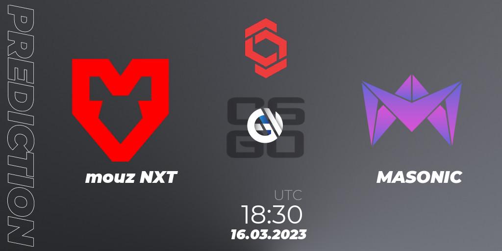 Pronósticos mouz NXT - MASONIC. 16.03.2023 at 18:30. CCT Central Europe Series 5 Closed Qualifier - Counter-Strike (CS2)