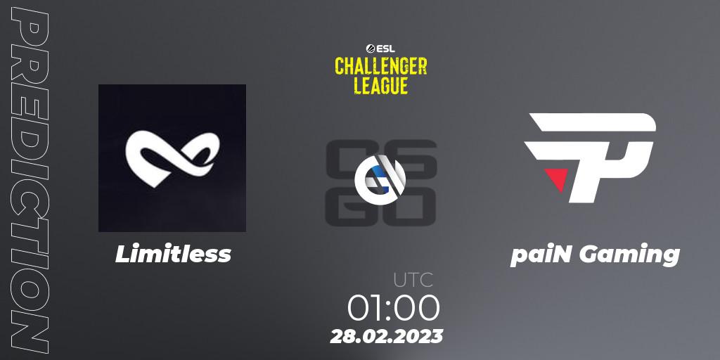 Pronósticos Limitless - paiN Gaming. 28.02.2023 at 01:15. ESL Challenger League Season 44: North America - Counter-Strike (CS2)