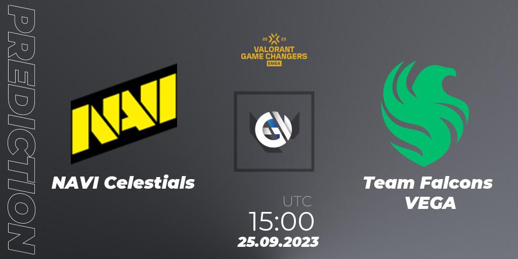 Pronósticos NAVI Celestials - Team Falcons VEGA. 25.09.2023 at 15:00. VCT 2023: Game Changers EMEA Stage 3 - Group Stage - VALORANT