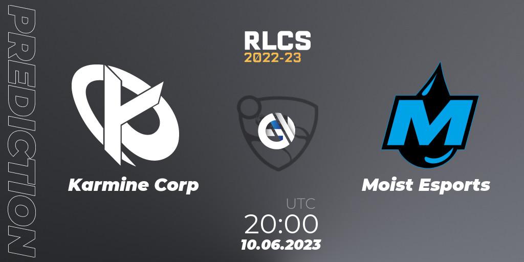 Pronósticos Karmine Corp - Moist Esports. 10.06.2023 at 20:25. RLCS 2022-23 - Spring: Europe Regional 3 - Spring Invitational - Rocket League