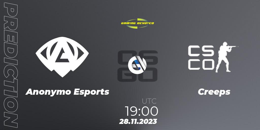Pronósticos Anonymo Esports - Creeps. 08.12.2023 at 19:00. Gaming Devoted Become The Best - Counter-Strike (CS2)