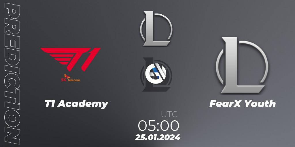 Pronósticos T1 Academy - FearX Youth. 25.01.2024 at 05:00. LCK Challengers League 2024 Spring - Group Stage - LoL
