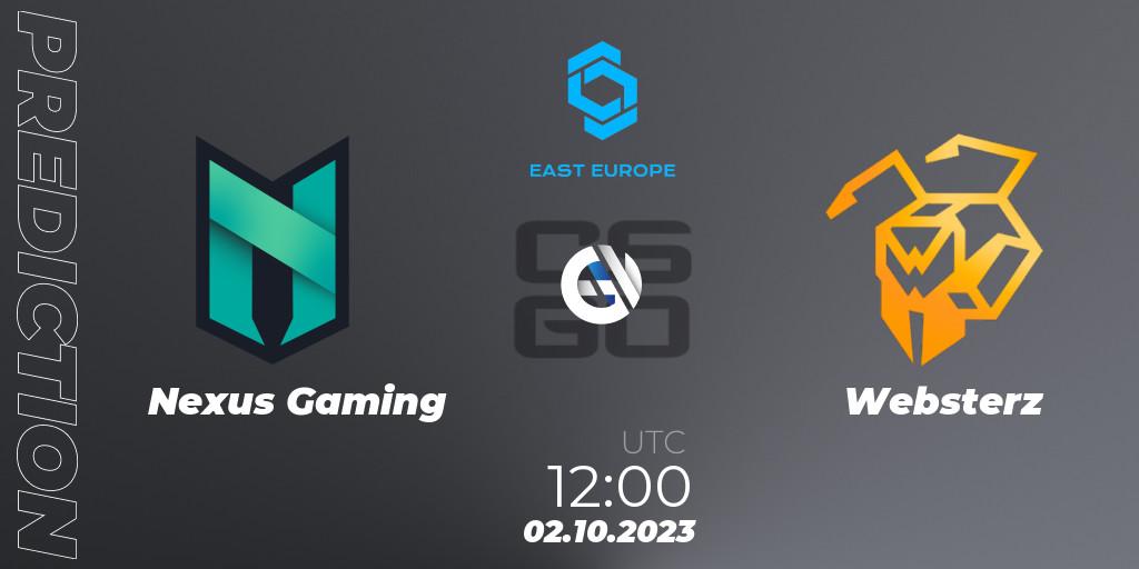 Pronósticos Nexus Gaming - Websterz. 02.10.2023 at 12:00. CCT East Europe Series #3: Closed Qualifier - Counter-Strike (CS2)