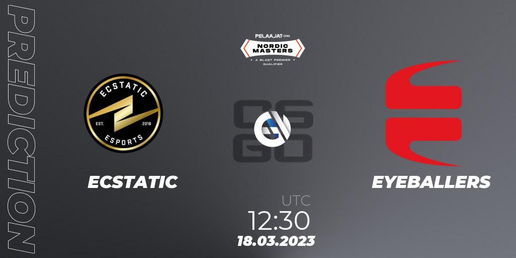 Pronósticos ECSTATIC - EYEBALLERS. 18.03.2023 at 12:30. Pelaajat Nordic Masters Spring 2023 - BLAST Premier Qualifier - Counter-Strike (CS2)