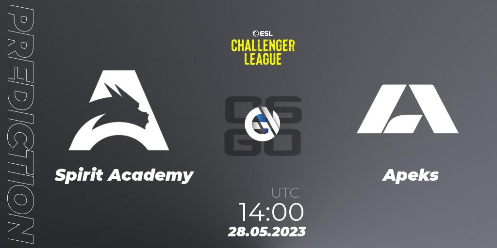 Pronósticos Spirit Academy - Apeks. 28.05.2023 at 14:00. ESL Challenger League Season 45: Europe - Counter-Strike (CS2)