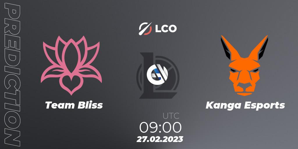 Pronósticos Team Bliss - Kanga Esports. 27.02.2023 at 09:00. LCO Split 1 2023 - Group Stage - LoL