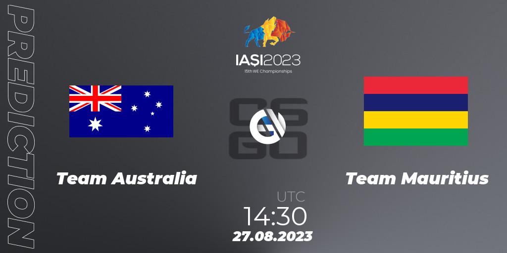 Pronósticos Team Australia - Team Mauritius. 27.08.2023 at 20:50. IESF World Esports Championship 2023 - Counter-Strike (CS2)